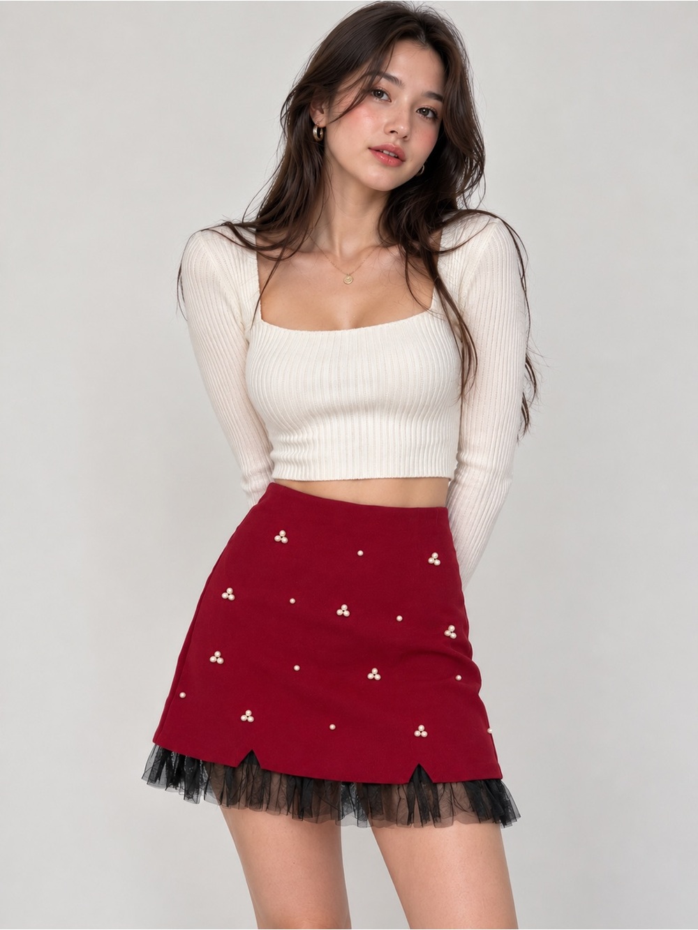 Commense Beaded Tulle Trim A Line Skirt